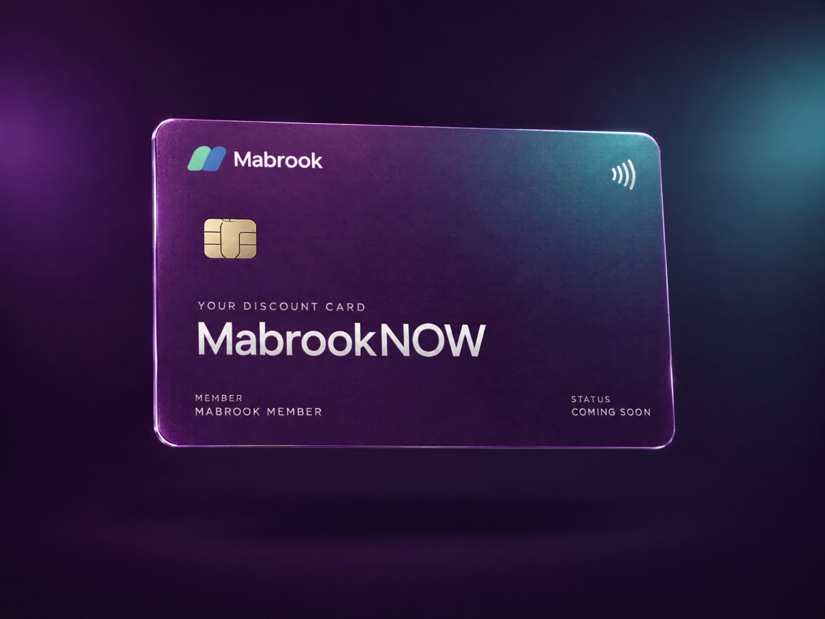 Purple MabrookNOW discount card with the Mabrook logo